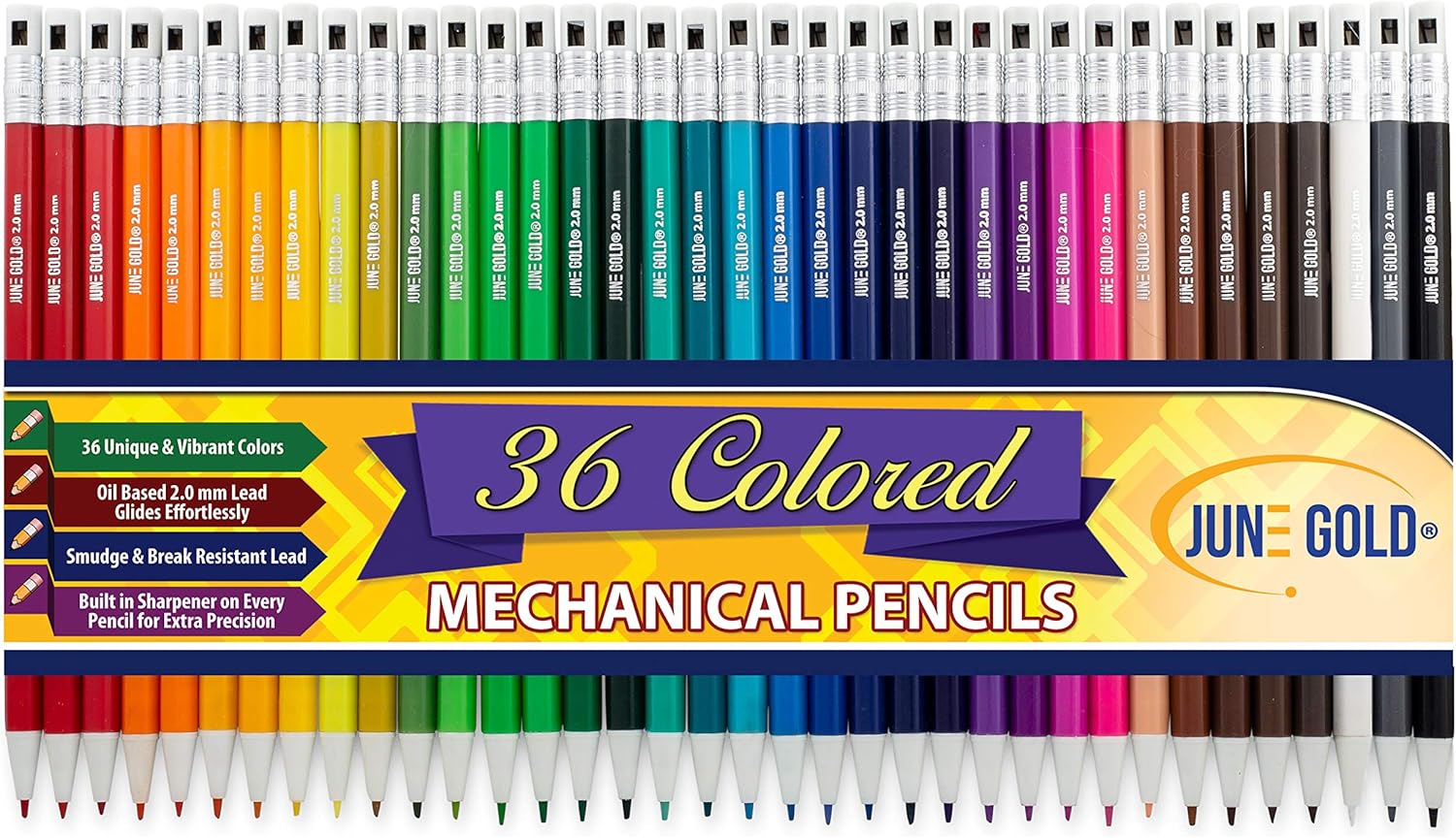 June Gold 36 Assorted Colored 2.0 mm Mechanical Pencils, Bold Thickness