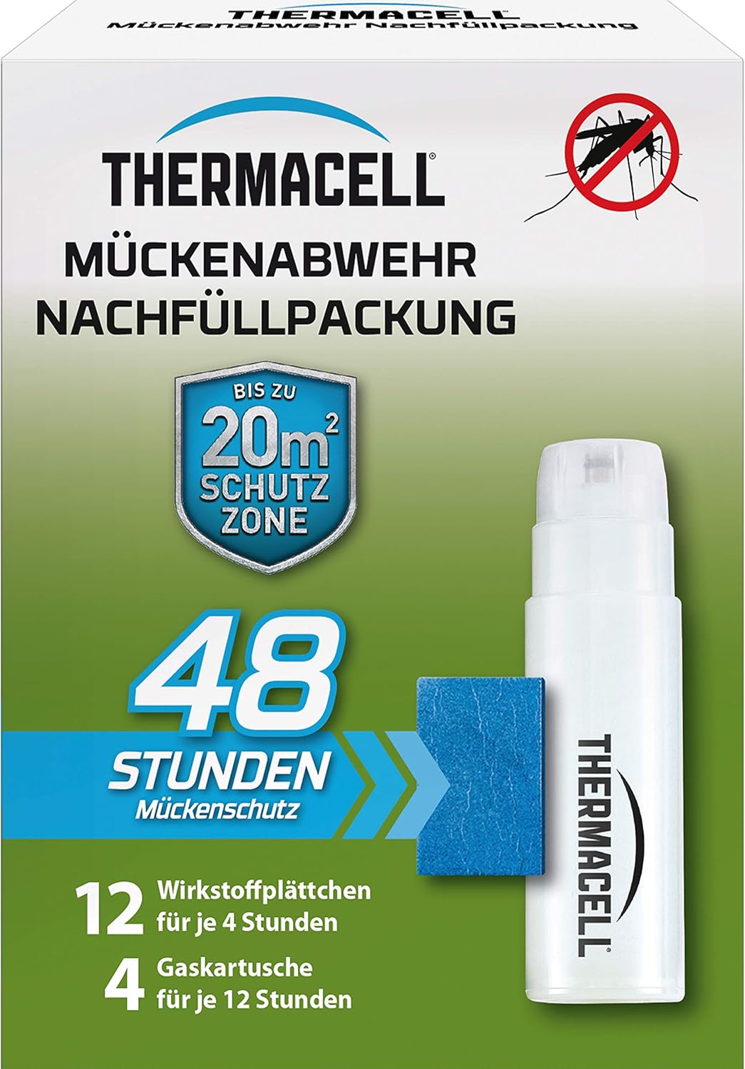 Thermacell Mückenabwehr Nachfüllpackung für 48 Stunden (12 Wirkstoffplättchen und 4 Gaskartuschen), Mehrfarbig