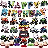Polinook 35PCS Monster Truck Birthday Decorations For Boys - Easy Setup - Includes Banner, Hanging Swirls, Honeycomb & Cake Topper - Perfect For Boys Birthday Party