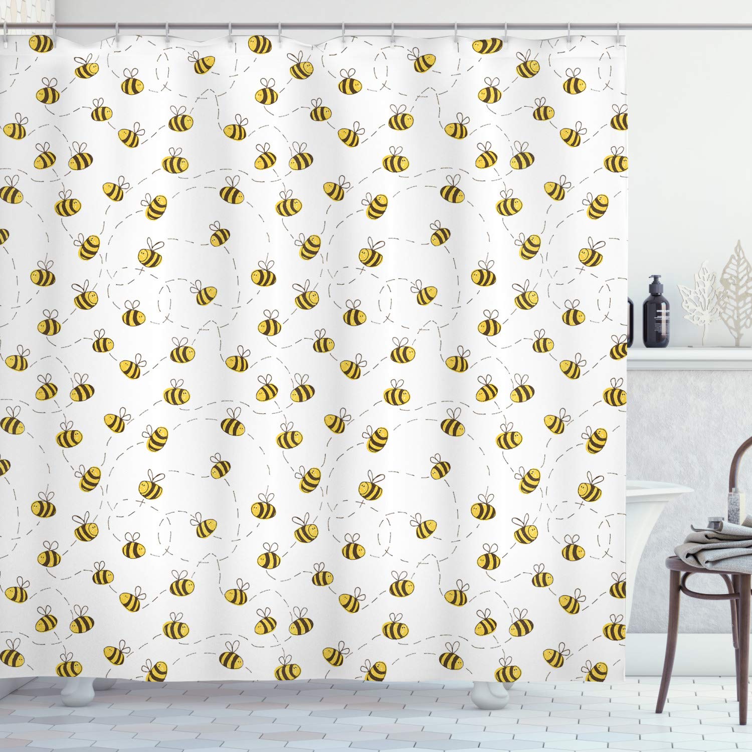 ABAKUHAUS Bee Shower Curtain, Simplistic Illustration of Buzzing and Flying Bees Making a Dashed Line Route, Cloth Fabric Bathroom Decor Set with Hooks, 94 Inches, Brown Yellow White