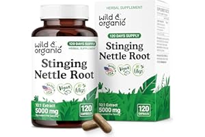 Wild & Organic Stinging Nettle Root Capsules 5000 mg - Urinary Support Supplement for Men & Women - 10:1 Stinging Nettle Root Extract - 120 Vegan Capsules - 120 Days Supply - Gluten-Free, No Fillers