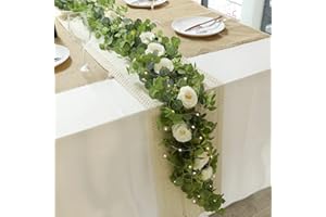 DIOTY 2PCS 5.9ft Eucalyptus Garland with 16 White Camellias Flower Garland with Lights Artificial Camellia Garland Faux Camellia Garland Fake Flower Vine for Wedding Centerpieces Table Wall Home Decor
