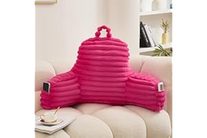WERDIM Reading Pillow for Sitting in Bed, Faux Fur Back Pillow for Bed Rest, Bed Chair Pillow with Arms and Pockets(Large, Hot Pink)