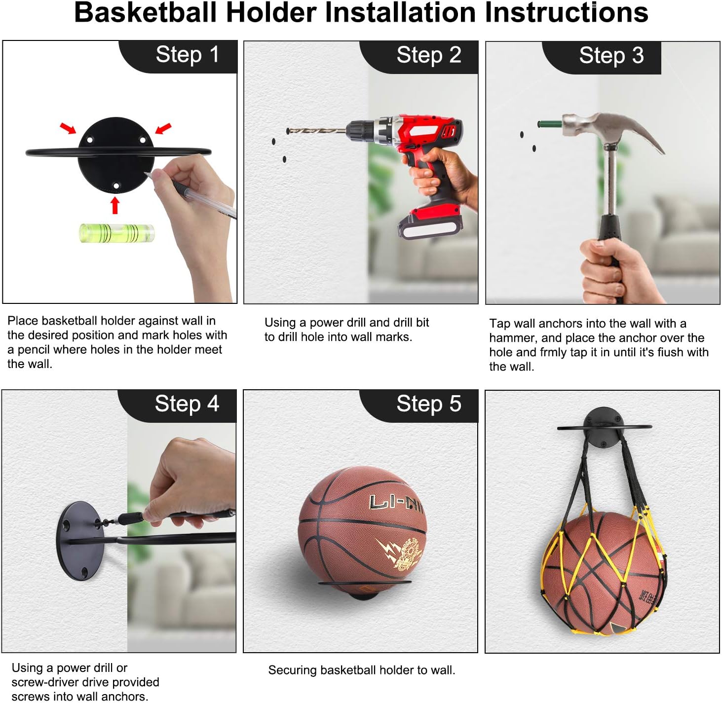 JJDPARTS 2 Pack Sports Ball Holder Wall Mount Display Rack with 2 Pack Basketball Net Bags for Basketball Volleyball Rugby Soccer (2 Pack): Sports & Outdoors
