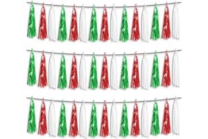 HYSILLA 3P Red Green White Foil Fringe Metallic Tassel Streamers Banner Tassel Garland for Parade Floats, Graduation, Wedding, Birthday, Halloween, Christmas, Mexican Italian Birthday Party Decorations