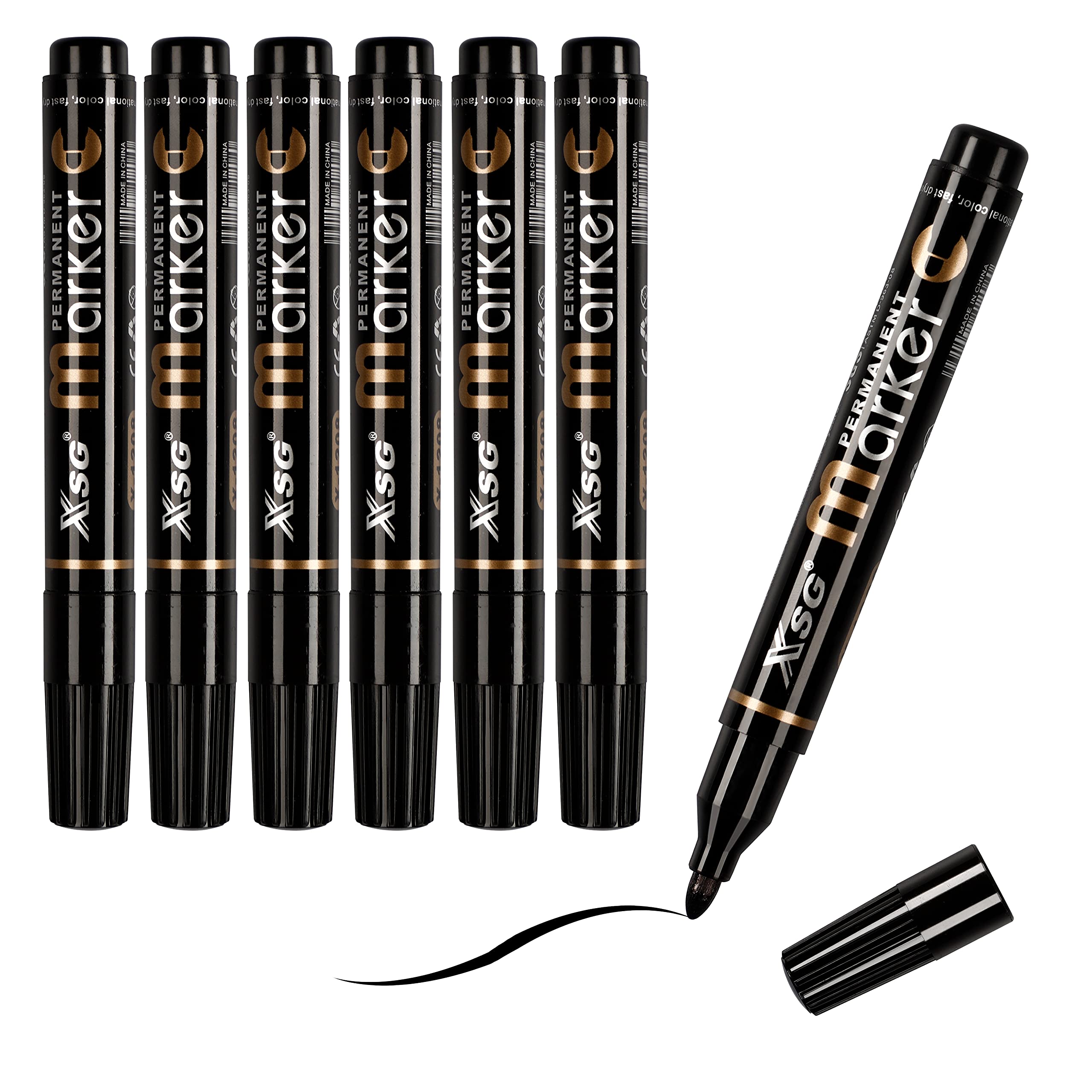Black Permanent Marker pens, Bullet Tip,6-count thick markers,Works on Wood,Stone,Plastic,Metal and Glass for Doodling, Coloring, Marking by XSG