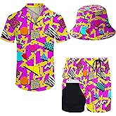 Ldvjkx Mens Hawaiian Shirt and Shorts Set 2 Piece 80s 90s Outfit for Men Short Sleeve Button Down Suit with Bucket Hats