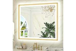 TETOTE Gold LED Bathroom Mirror with Lights 42x36 Front & Back Light Vanity Framed Mirror Baroque Anti Fog Dimmable White/Warm/Natural,CRI90+,Waterproof,Wall Mounted(Horizontal/Vertical)