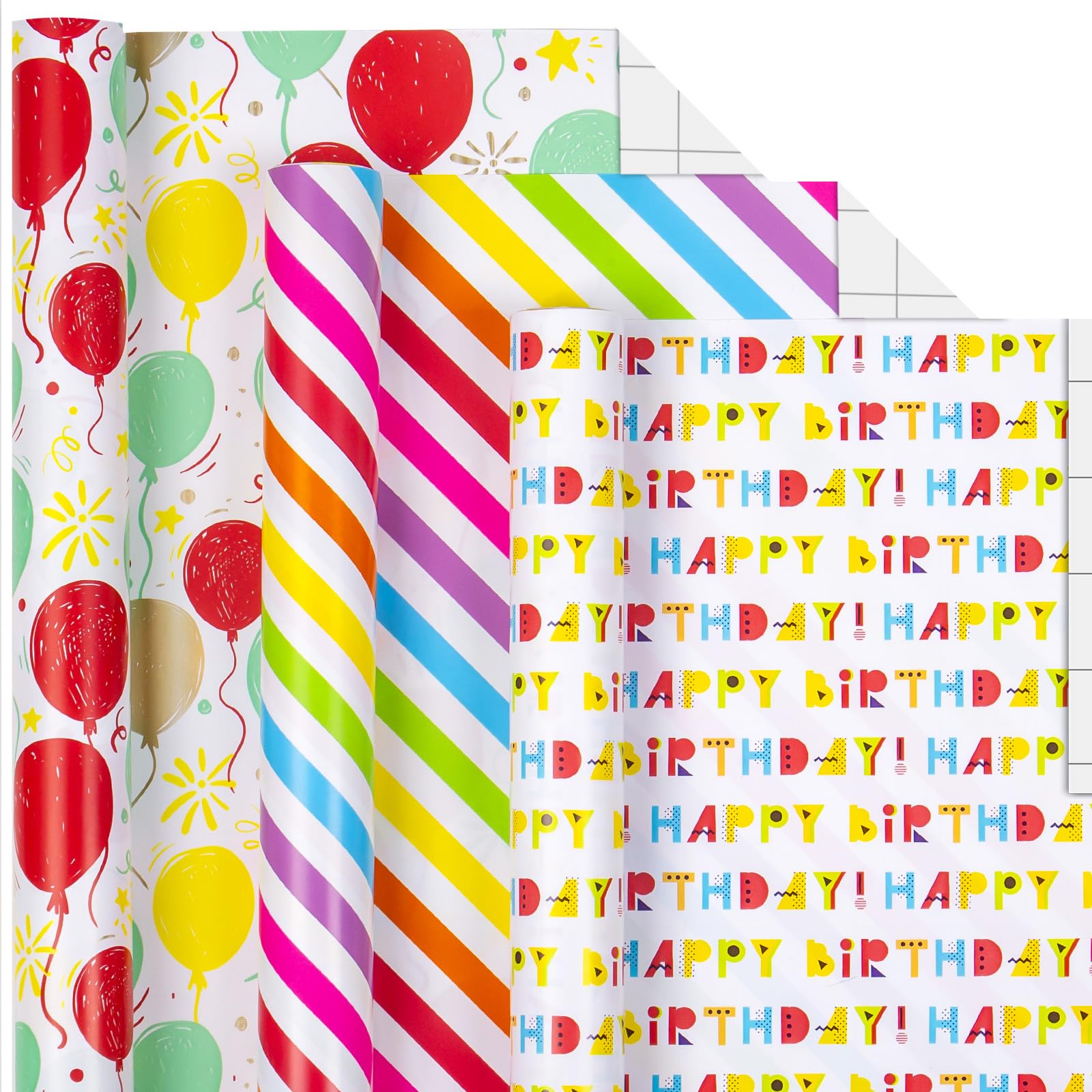 MAYPLUSS Birthday Wrapping Paper Roll - Mini Roll -17in x 120in Per roll - Red Balloon Stripes,Happy Birthday Lettering (42.3 sqft) for Party,Girl,Baby Shower,Boy Wedding, All Occassions