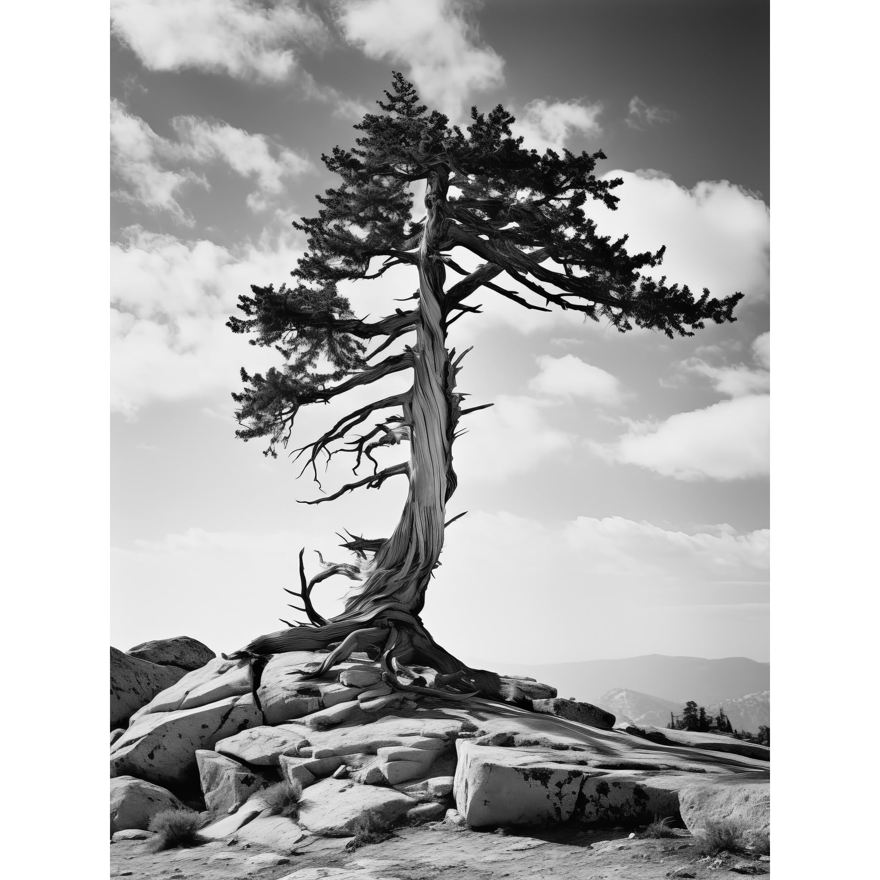 Artery8 Weathered Jeffrey Pine Standing on a Rocky Hill Black and White Photograph Lone Tree Large Wall Art Poster Print Thick Paper 18X24 Inch