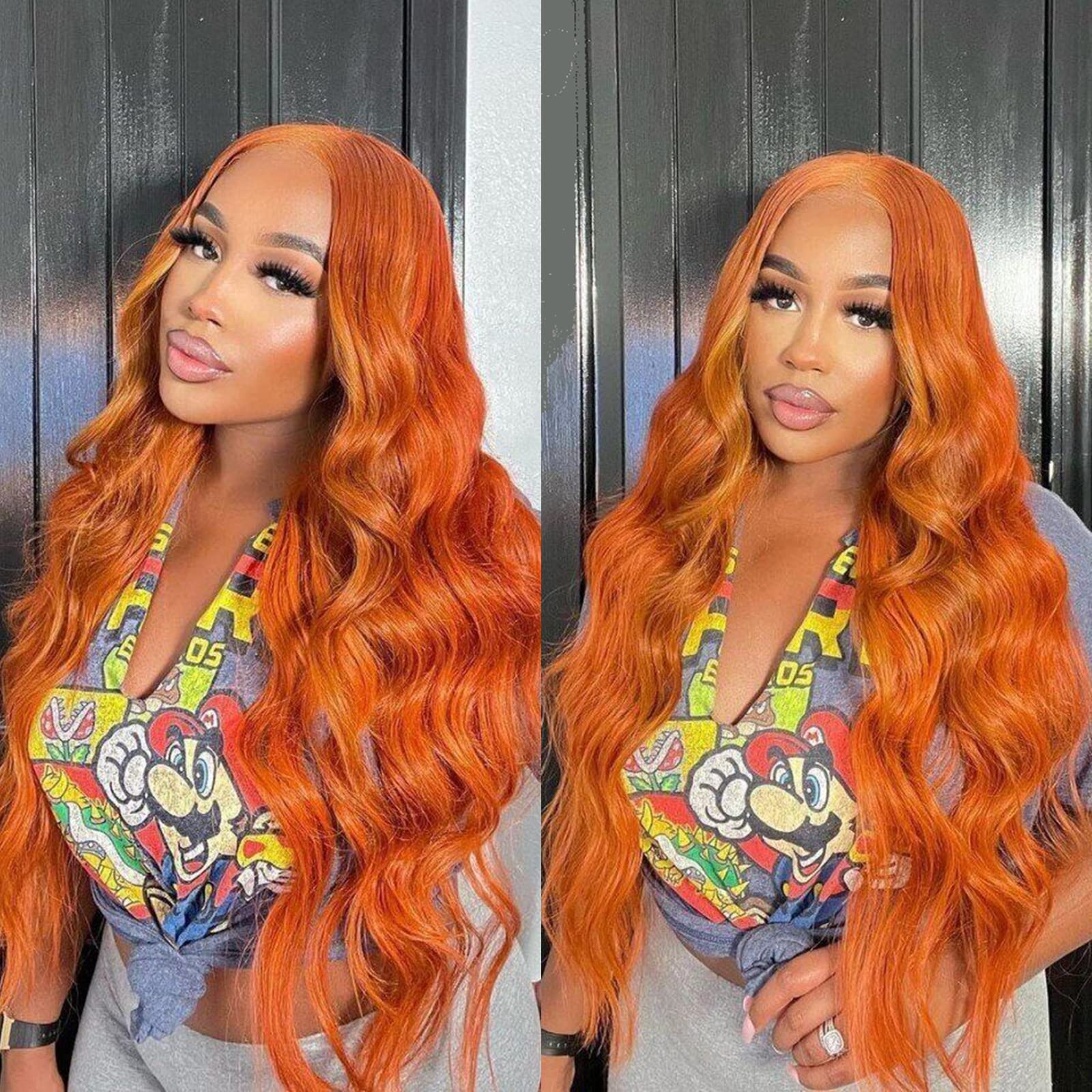 X-TRESS 26'' Ginger Lace Front Wig Body Wavy Hair Synthetic for Women 13x4x1 Natural Long Pre-Plucked Baby Middle Part Orange Replacement Soft Fiber(Ginger), 1 count