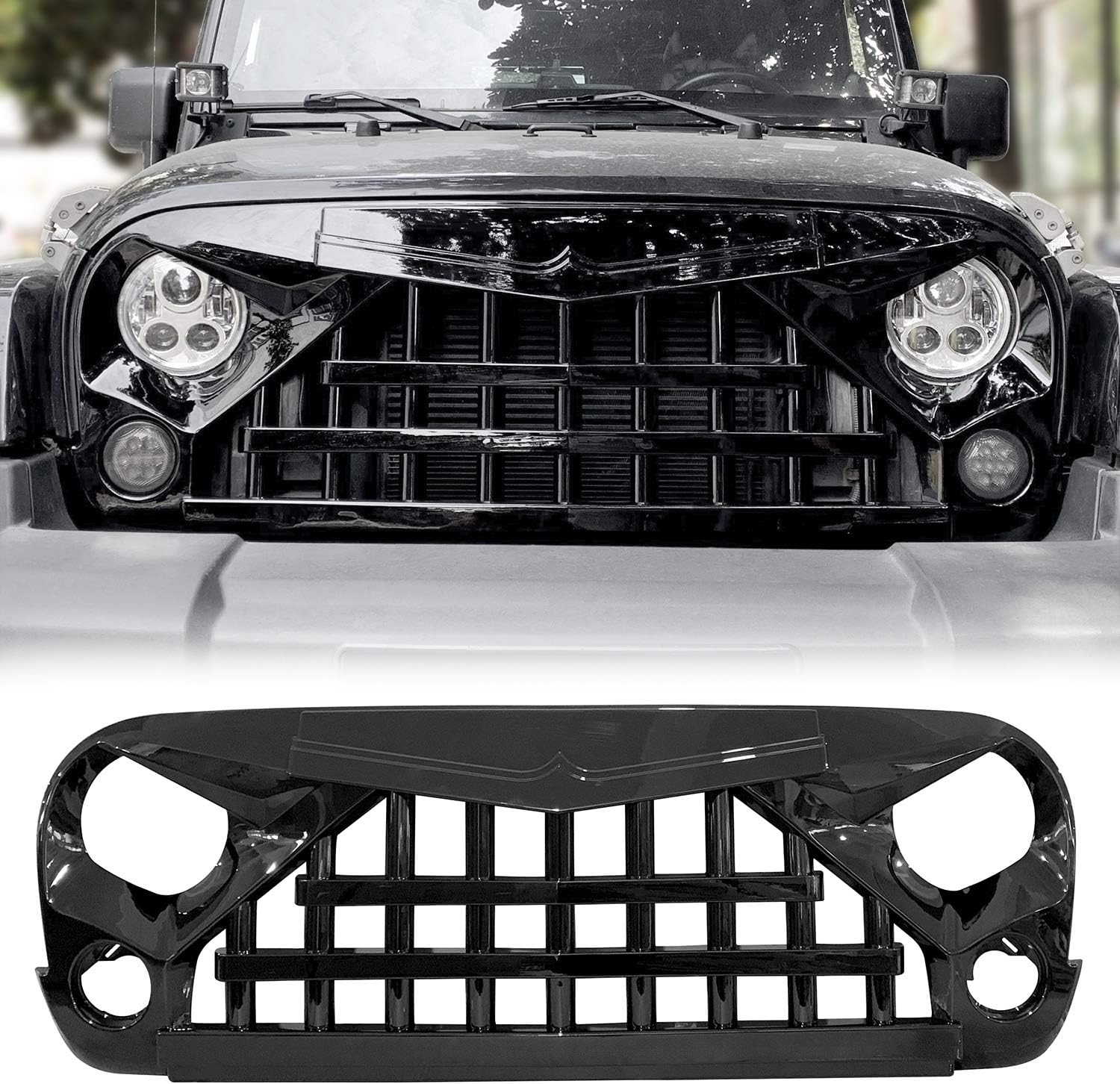 IBACP JK Front Grille Samurai Grid Grill Warrior Style Newest Grille Guard Bumper for 2007-22017 2018 Jeep Wrangler JK & JKU 2/4 Door Unlimited Rubicon Sahara Sport Exteriro Parts, Glossy Black