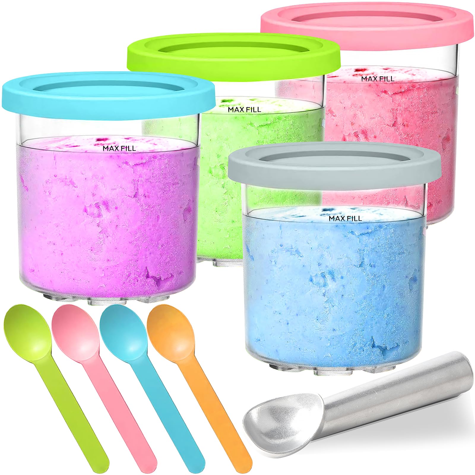 Photo 1 of 4 Pack Creami Pints and Lids for Ninja, Ice Cream Containers Compatible with Ninja Creami NC299AM C300s Series Ice Cream Maker, Replacement Pints Containers and Lids, BPA-Free & Dishwasher Safe