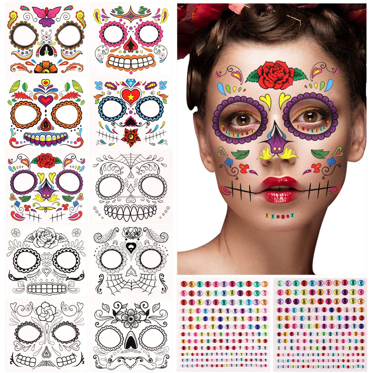FRCOLOR 10 Sheets Halloween Temporary Tattoo Day of the Dead Face Tattoo Skull Rhinestone Sticker for Cosplay Party Make Up