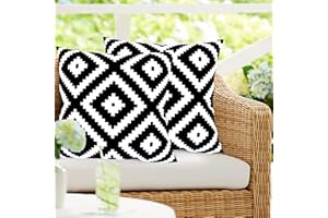 Yaofavo Outdoor Pillow Covers Set of 2, Waterproof Boho Farmhouse Throw Pillow Covers Geometric Pillow Cases for Patio Garden(Black&Cream White-10, 18x18 Inch)