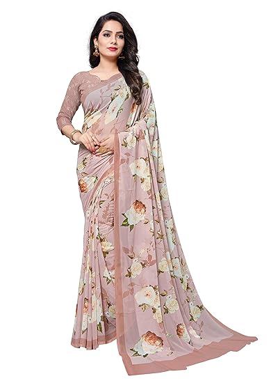 Fevinaa Womens Georgette Digital Printed Saree with Blouse Piece - Pink