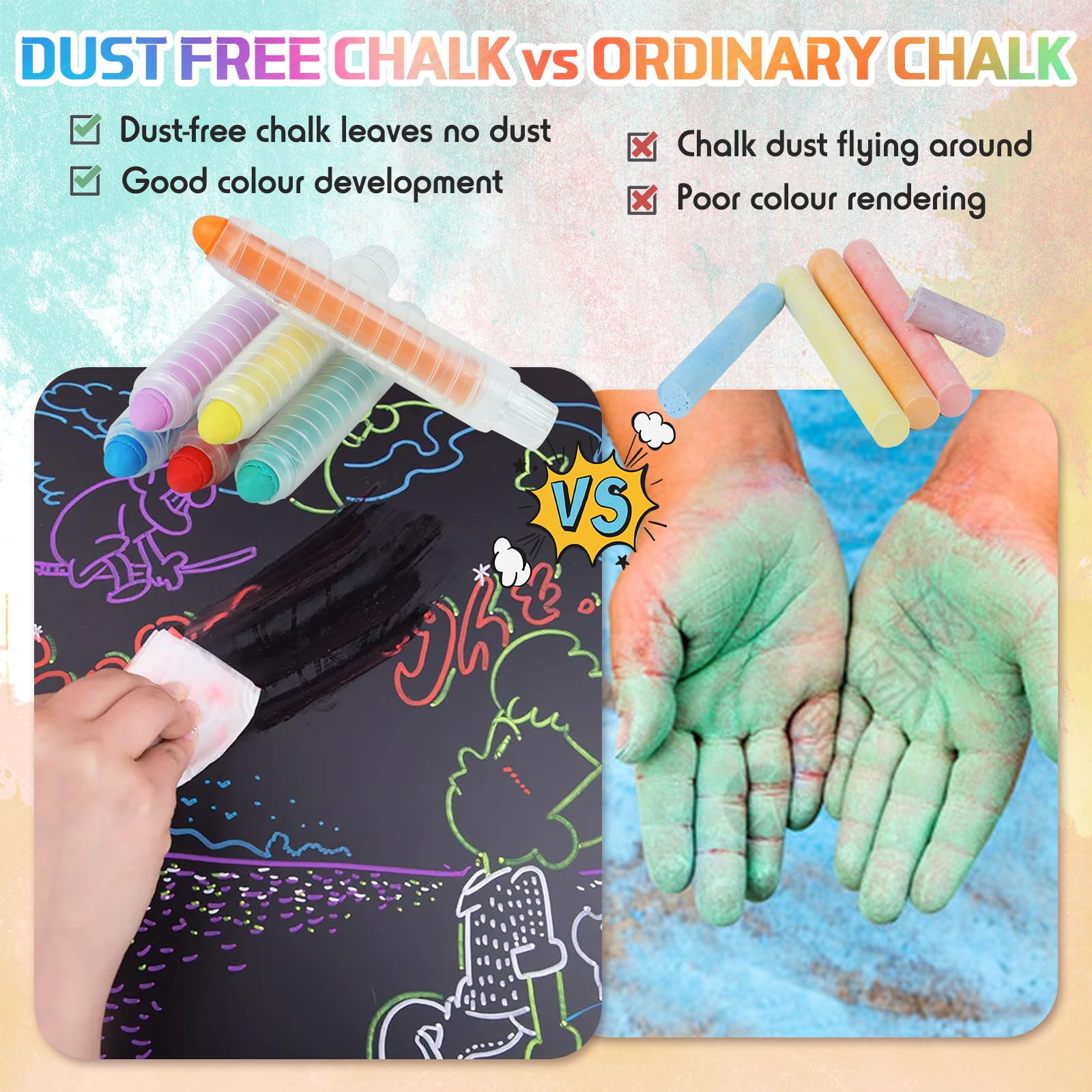 Dustless Chalk for Kids, Non-Toxic Washable Toddlers Chalks, Chalkboard Chalk Pen With Holder for Blackboard Drawing Writing Outdoor Art Play Sidewalk-Chalks, 6 Pcs