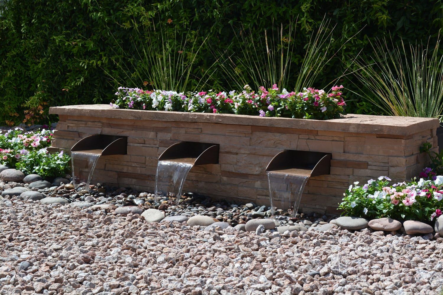 Outdoor Fountain Waterfall With Complete Disappearing Pondless Water Kit and Artificial Rock Waterfall, Fieldstone Tripple Falls by EasyFalls in Sahara Tan