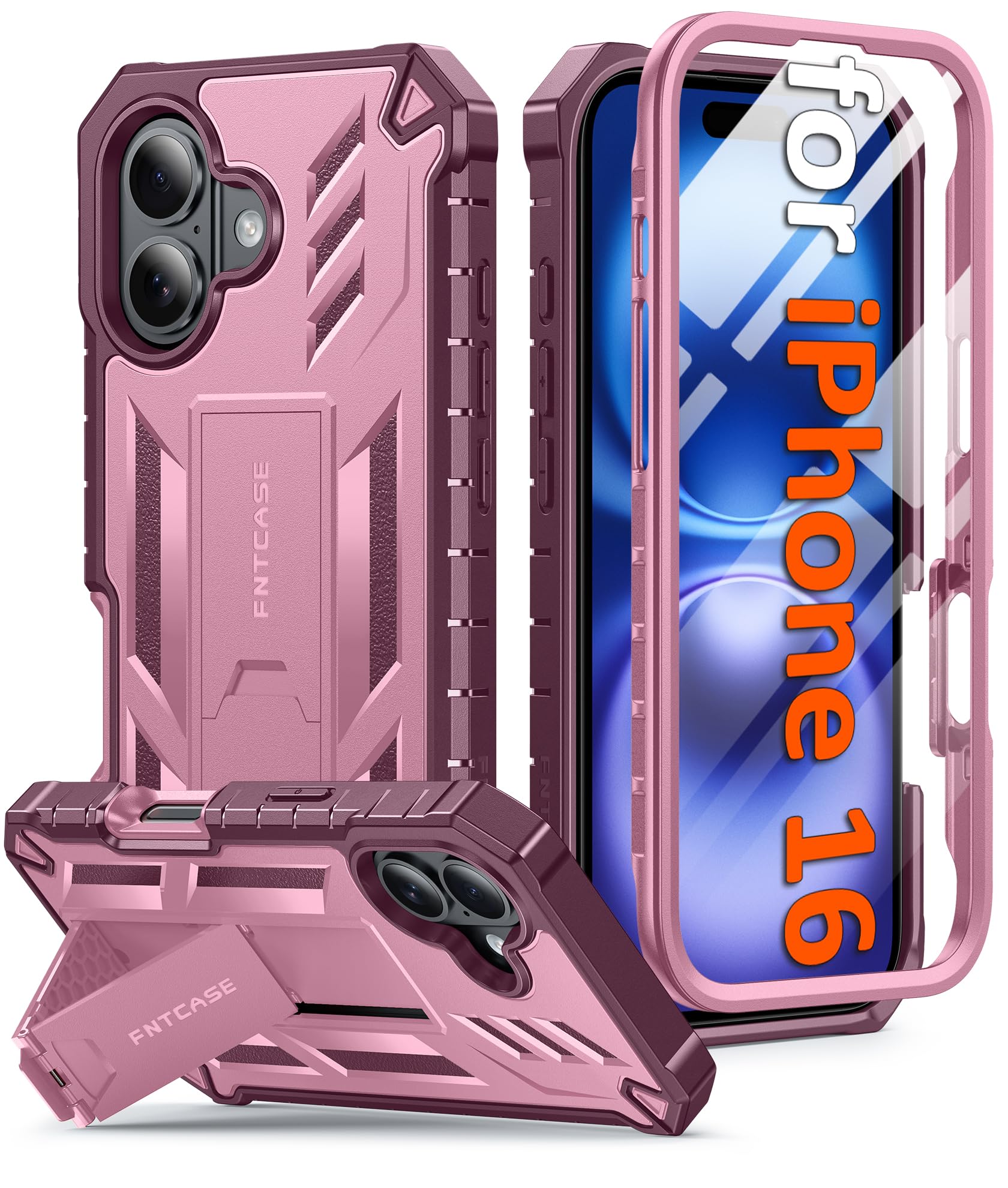 FNTCASE for iPhone 16 Phone Case: for iPhone 16 case with Kickstand Shockproof Military Grade Protective Cover - Dual Layer Full Protection Sturdy Matte Textured Drop Proof - 6.3 inch Pink