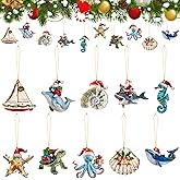 Vercraft 20 Pcs Sea Animal Coastal Christmas Ornament with Santa Hat Flat Wooden Beach Cutouts Sea Creature Tree Ornaments with Rope Seahorse Turtle Octopus Hanging Tree Decor for Holiday Xmas