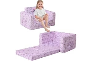 lasoftan Kids Sofa for Toddler, 2-in-1 Toddler Couch Fold Out, Convertible Sofa to Lounger Bed for Girls and Boys, with Removable Cover & Double Pockets - Purple Rainbow