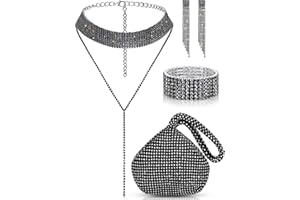 Quelay 4 Pieces Women Crystal Jewelry Set Rhinestone Tassel Necklace Stretch Bangle Bracelet Crystal Dangle Fringe Earrings and Rhinestone Handbag for Wedding Party