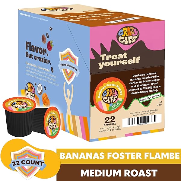 CRAZY CUPS DECAF BANANA COFFEE PODS, DECAFFEINATED BANANAS FOSTER FLAMBE FLAVORED COFFEE, SINGLE SERVE HOT OR ICED MEDIUM ROAST COFFEE FOR KEURIG K CUPS MACHINES, 22 COUNT