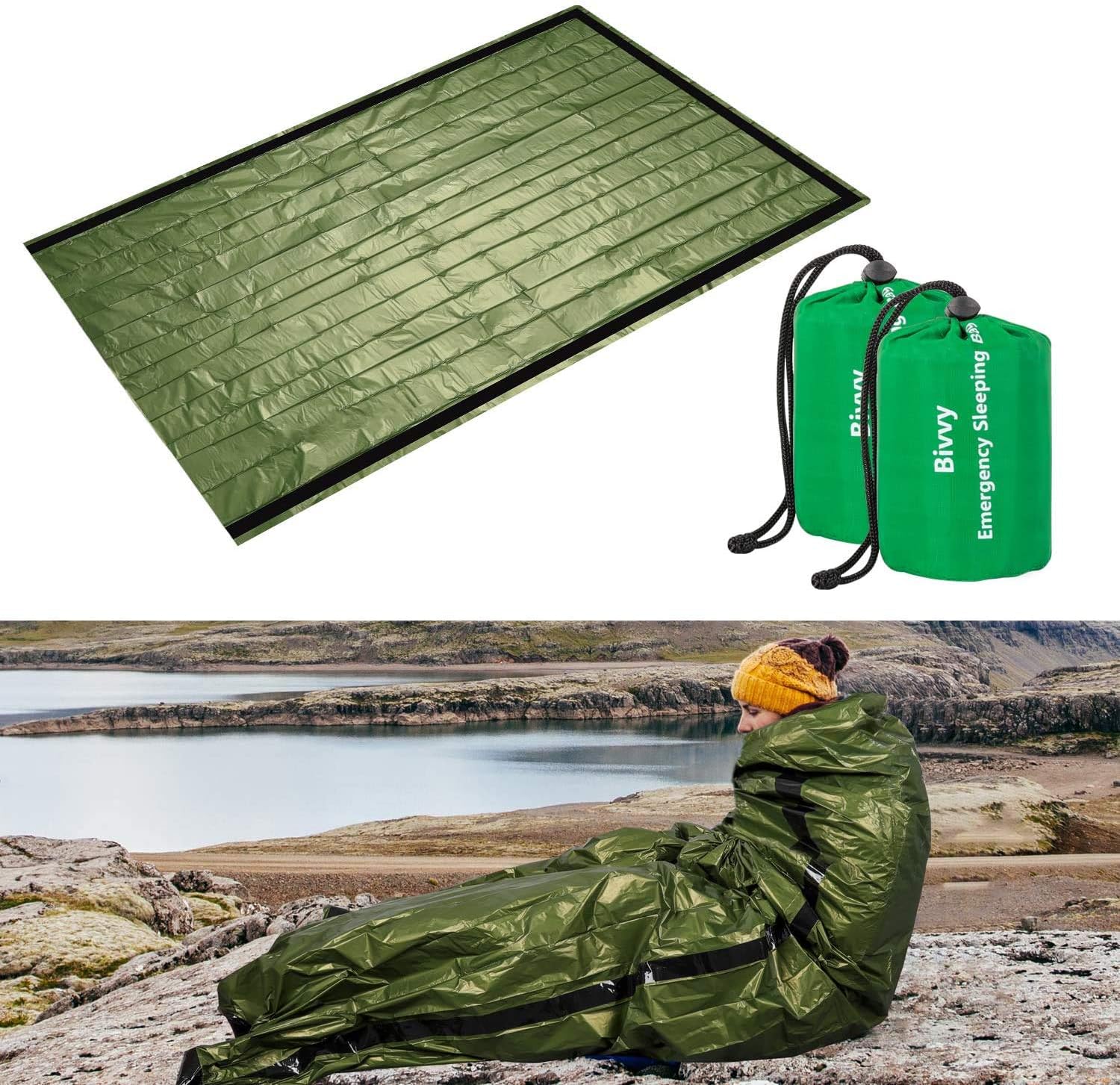 ACVCY Emergency Sleeping Bag, 2PCS Lightweight Emergency Bivy Sack Survival Compact Survival Sleeping Bag Waterproof Thermal Emergency Blanket Multi-use Survival Gear for Outdoor, Hiking, Camping : Home & Kitchen