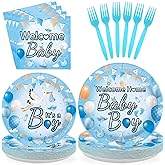 Greencian 96Pcs Welcome Home Baby Boy Party Decorations Welcome Baby Boy Birthday Plates and Napkins Tableware Sets for Boys Baby Shower Gender Reveal Newborn Birthday Party Supplies Serves 24