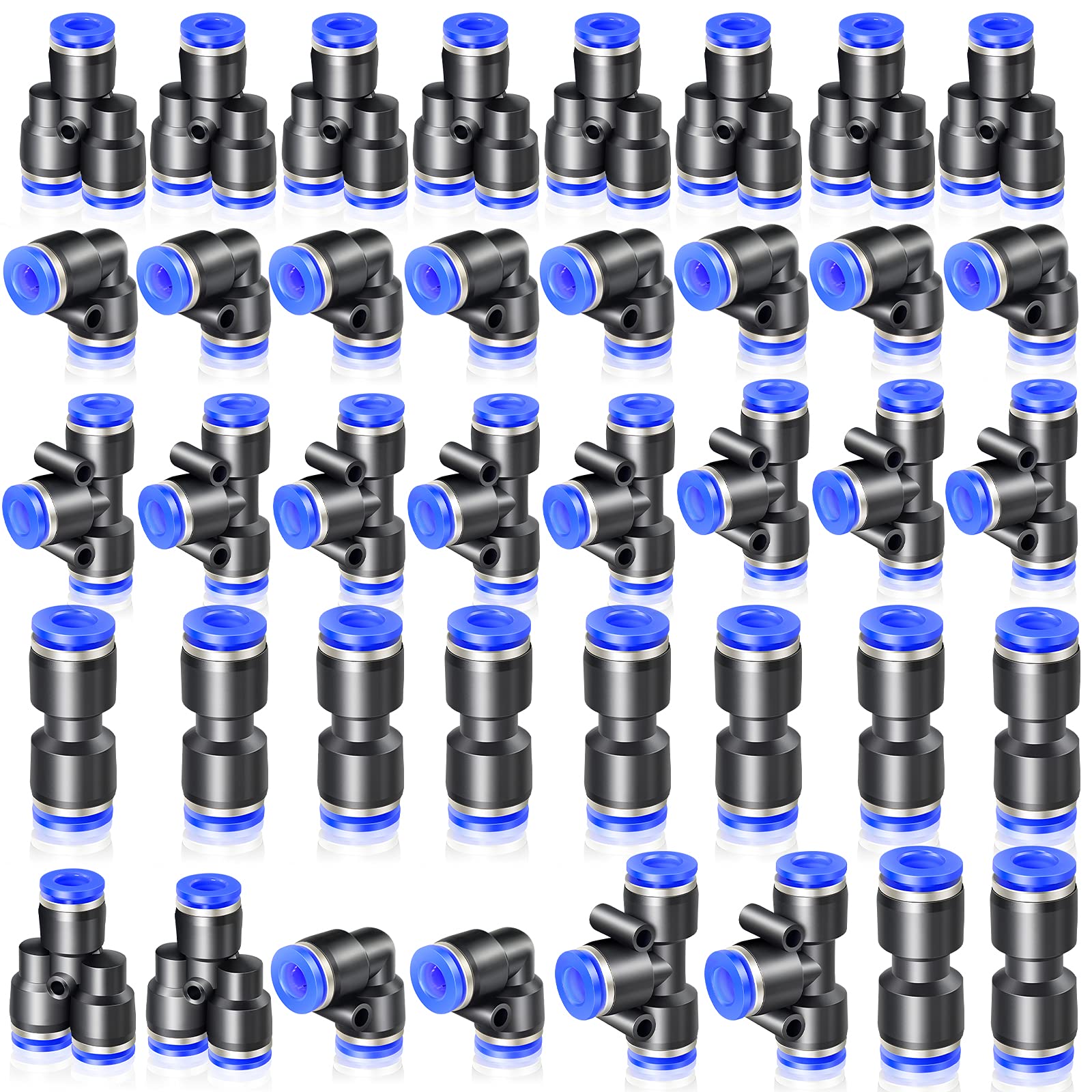 ERGAOBOY 40 Pcs 4MM Tube OD Push to Connect Fitting Kits,Blue 10 Straights 10 Elbows 10 Tee 10 Splitters Push Lock (PU4)