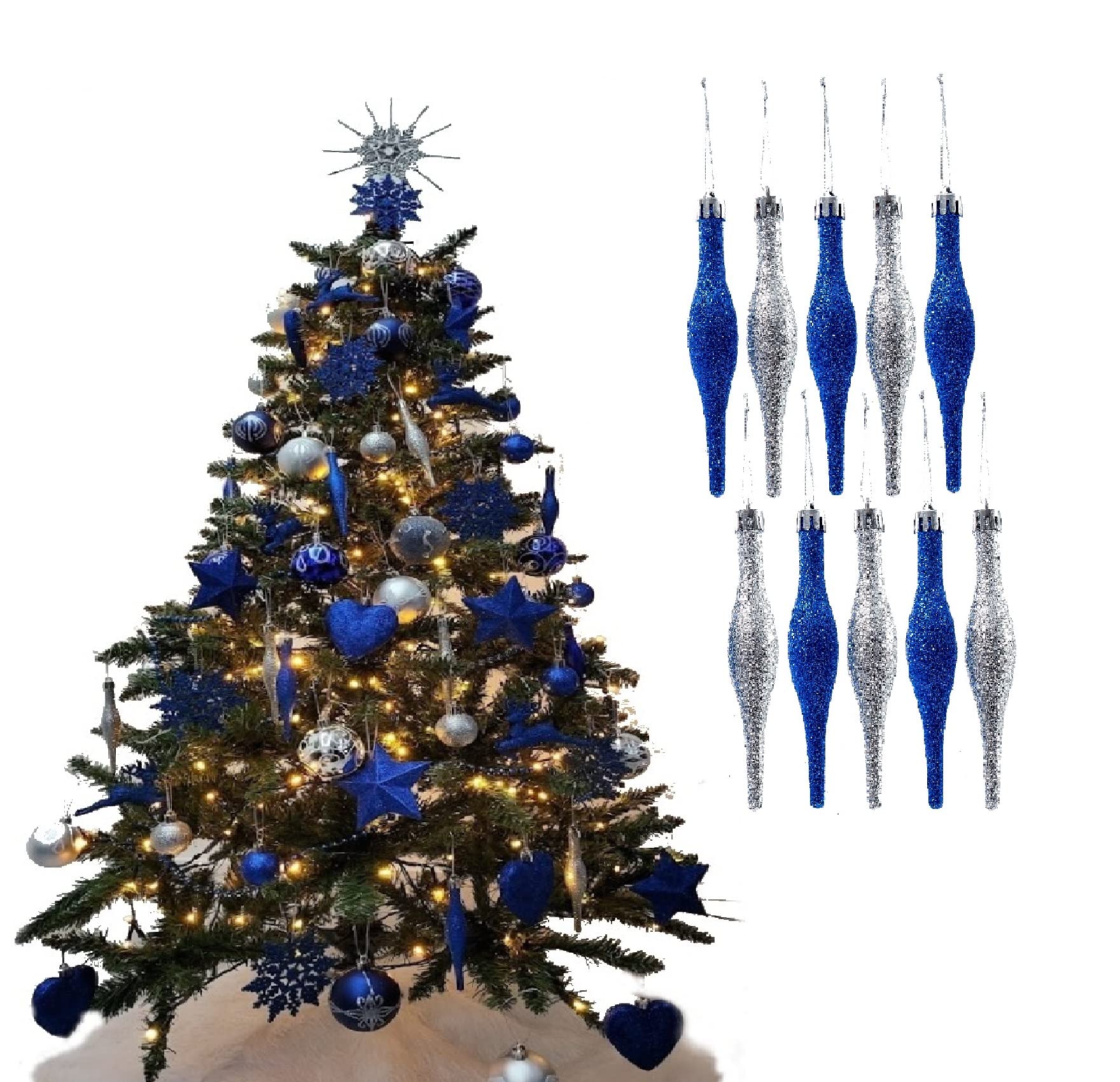 Simply Products 10 Droplet Baubles - Great Christmas Tree Decoration, Matte & Glitter Icicle Baubles (Royal Blue & Silver Glitter)