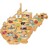 Totally Bamboo West Virginia State Shaped Cutting Board and Charcuterie Serving Platter with Artwork by Fish Kiss, Includes Hang Tie for Wall Display
