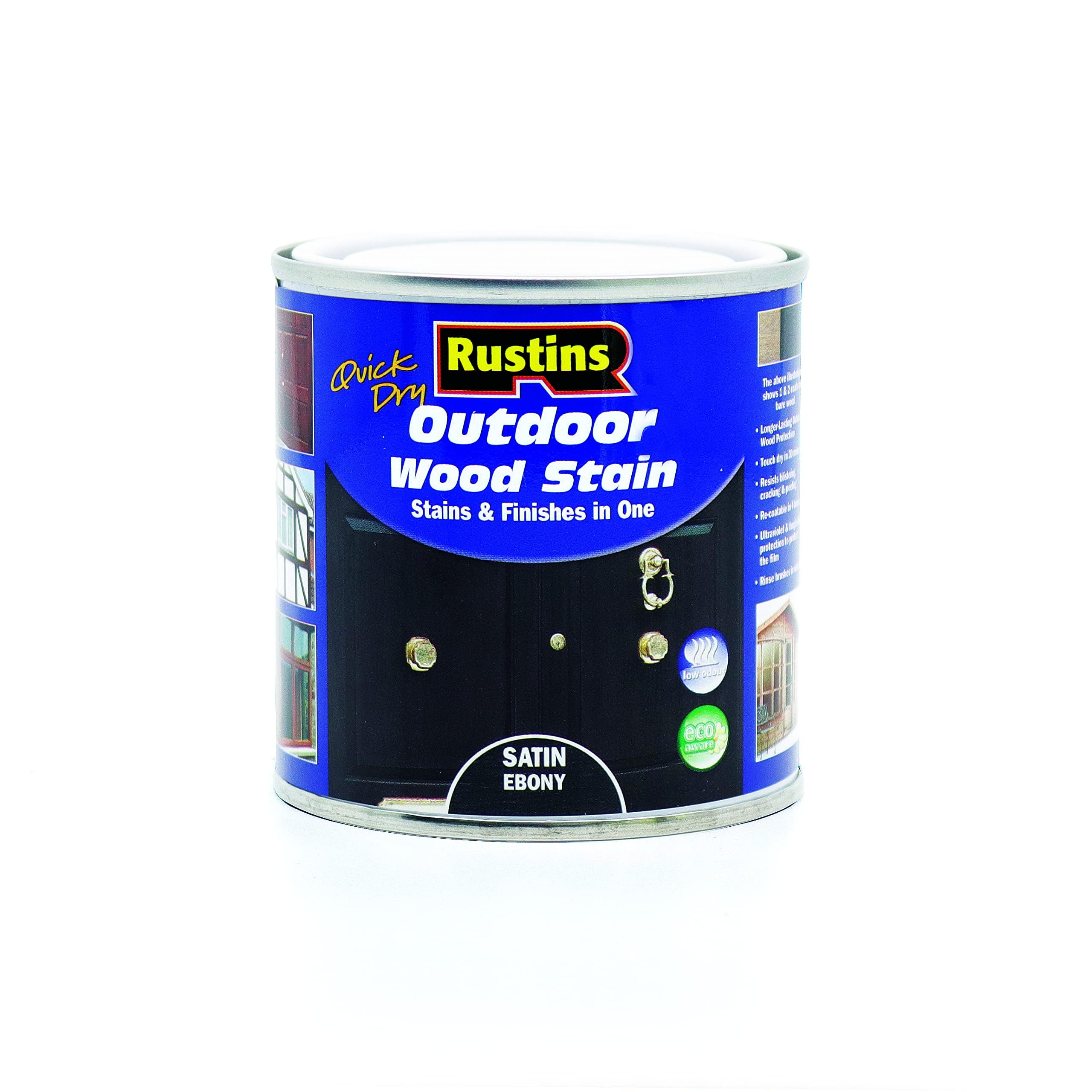 Rustins Quick Dry Outdoor Wood Stain Ebony 250ml- Durable and Weather-Resistant Finish, Fast Drying, Vibrant Color for Decks, Fences, & Furniture, Available in Many Wood Shades