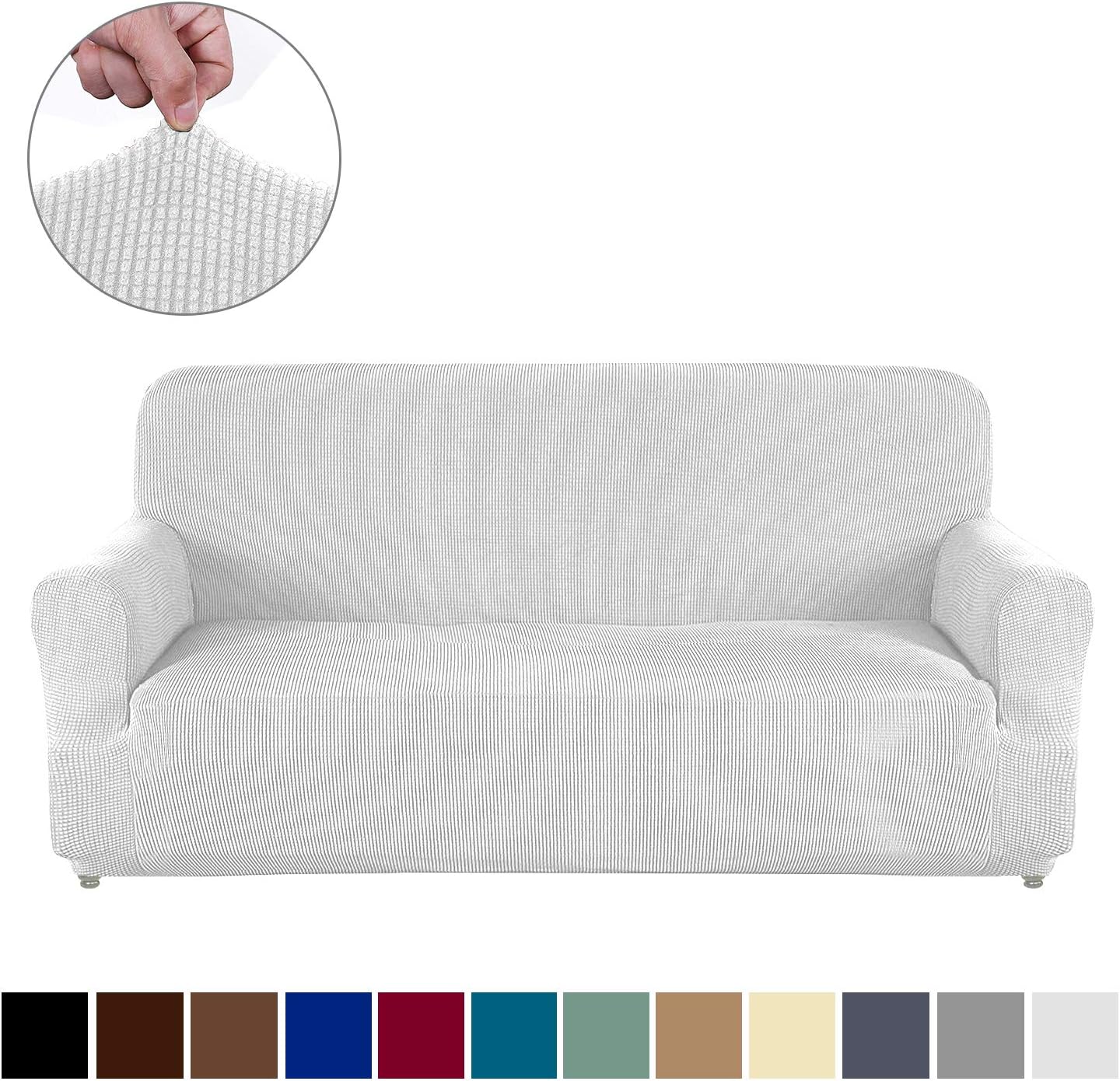 JIATER Loveseat Cover Stretch 1-Piece Couch Slipcover for 2 Cushion Couch Jacquard Spandex Fabric Sofa Furniture Protector with Anti-Slip Foams (Loveseat, White)