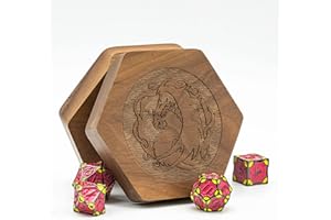 UDIXI Wooden Dice Box Hexagonal Walnut Dice Case with Magnetic Lid for Storage 7-Die D&D Polyhedral Dice, Easy Carring, DND Gift (Dragon Pattern)