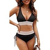 Adisputent Womens High Waisted Bikini Sets Color Block Swimsuit V Neck Tummy Control Swimwear Drawstring 2 Piece Bathing Suit