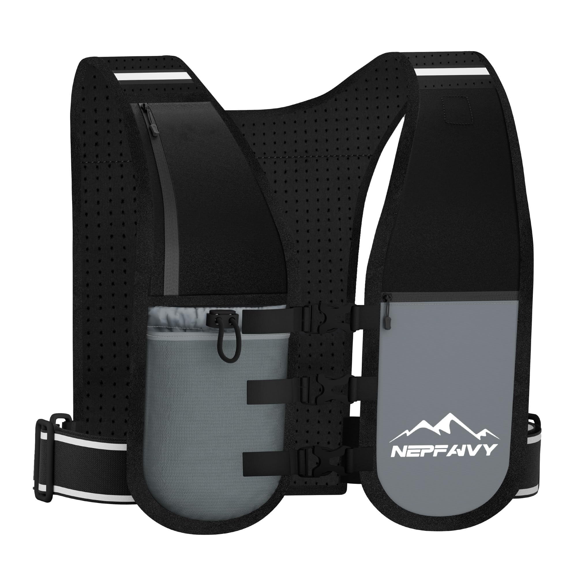 Nepfaivy Running Vest Women and Men - Lightweight and Reflective Running Vest with Waterproof Phone Holder, Adjustable and Breathable Hydration Backpack for Outdoor Hiking Cycling (Grey)