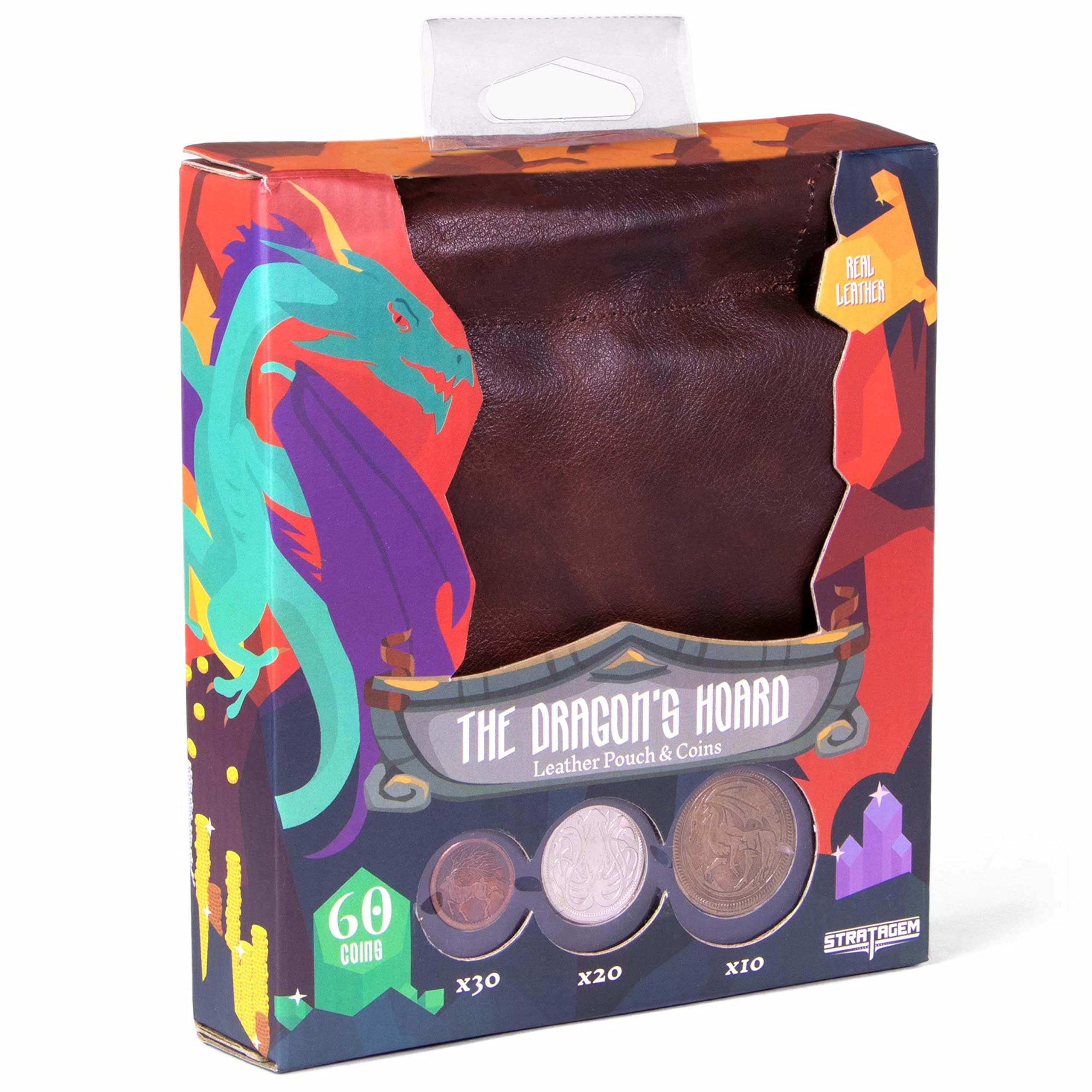 The Dragon's Hoard: 60 Real Metal Fantasy Coins with Leather Pouch | Board Game Accessory for Tabletop RPG Role-Play Strategy Games | Bronze, Silver, and Gold Colored Coins