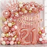 123pcs 21st Birthday Decorations, 21st Birthday Decorations for Her with Banner Fringe Curtain Metallic Rose Gold Pearl White Balloons for Party Decoration
