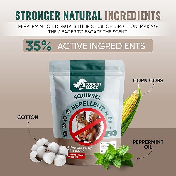 JL RODENT BLOCK SQUIRREL REPELLENT POUCH 6-PACK – POWERFUL AGAINST MICE, RACOONS, CHIPMUNKS, SNAKES, MOSQUITOS, ANTS. ALL NATURAL INGREDIENTS, REFILLABLE MESH BAG & CARABINER FOR HANGING