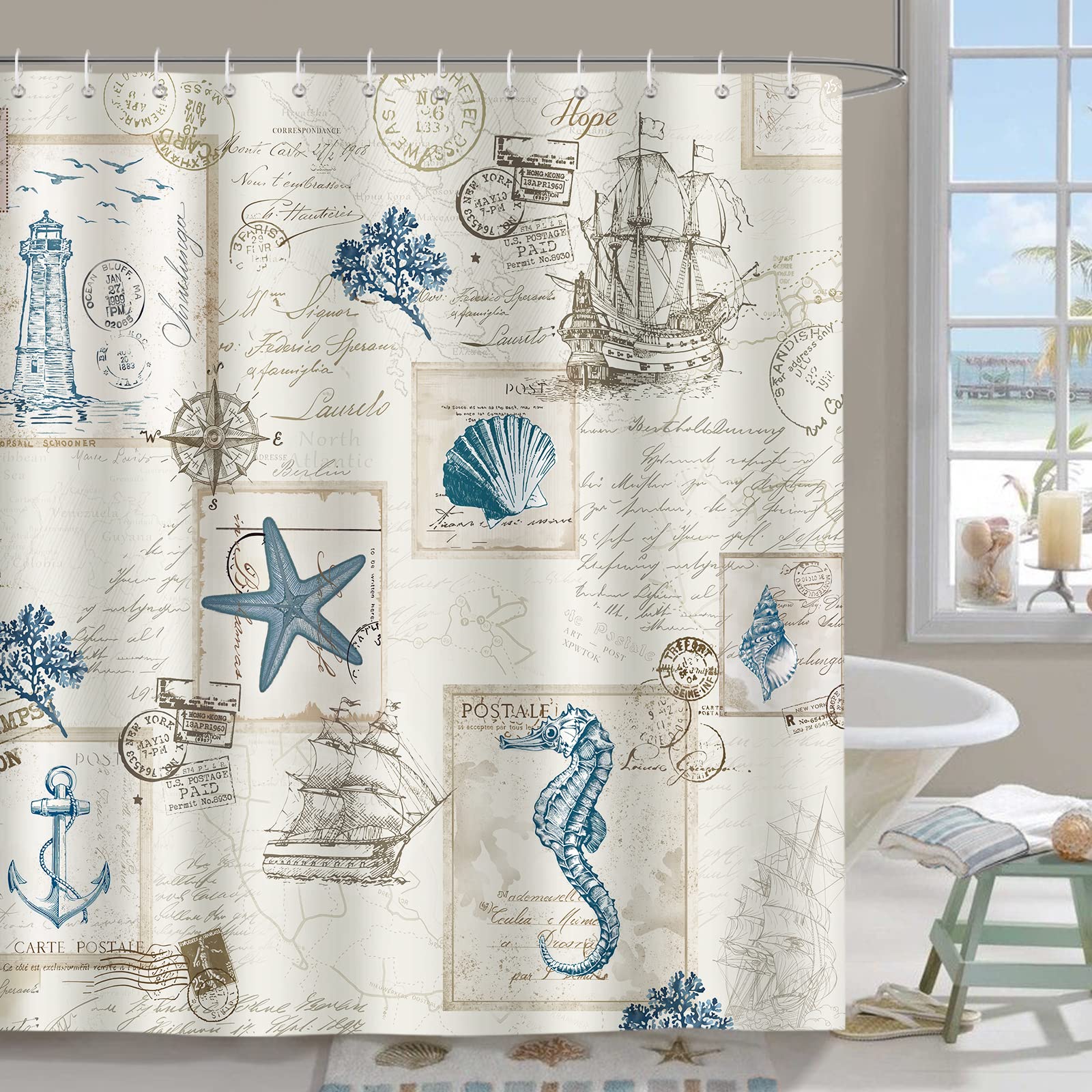 Bonhause Nautical Coastal Shower Curtain Vintage Sailboat Lighthouse Anchor Bathroom Curtain 180 x 180 cm Waterproof Mildew & Mould Resistant Polyester Fabric Bath Curtain with 12 Hooks