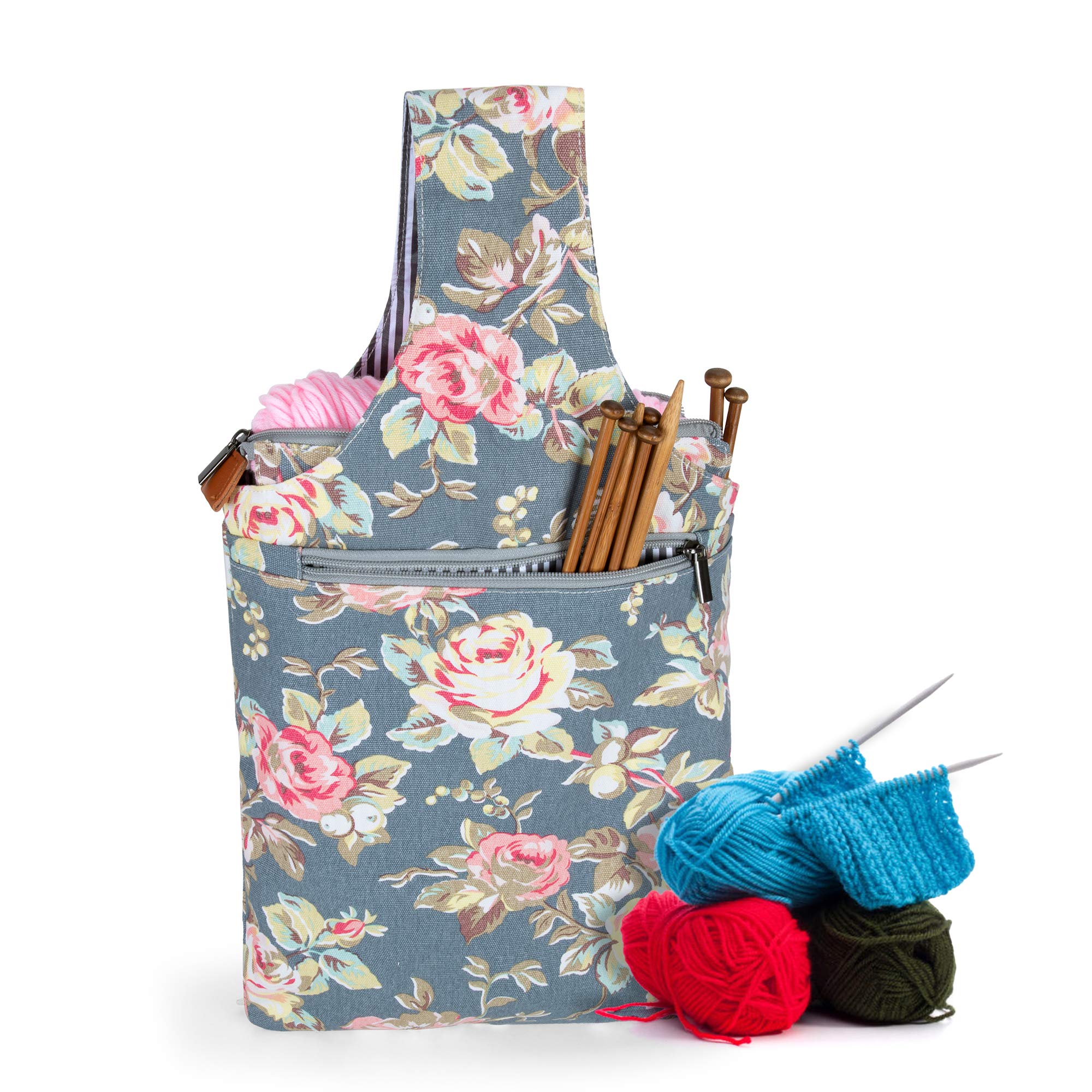 Teamoy Knitting Tote Bag, Travel Project Wrist Bag for knitting Needles, Yarn and Crochet Supplies, Multipurpose, Perfect Size for Knitting on The Go, Peony
