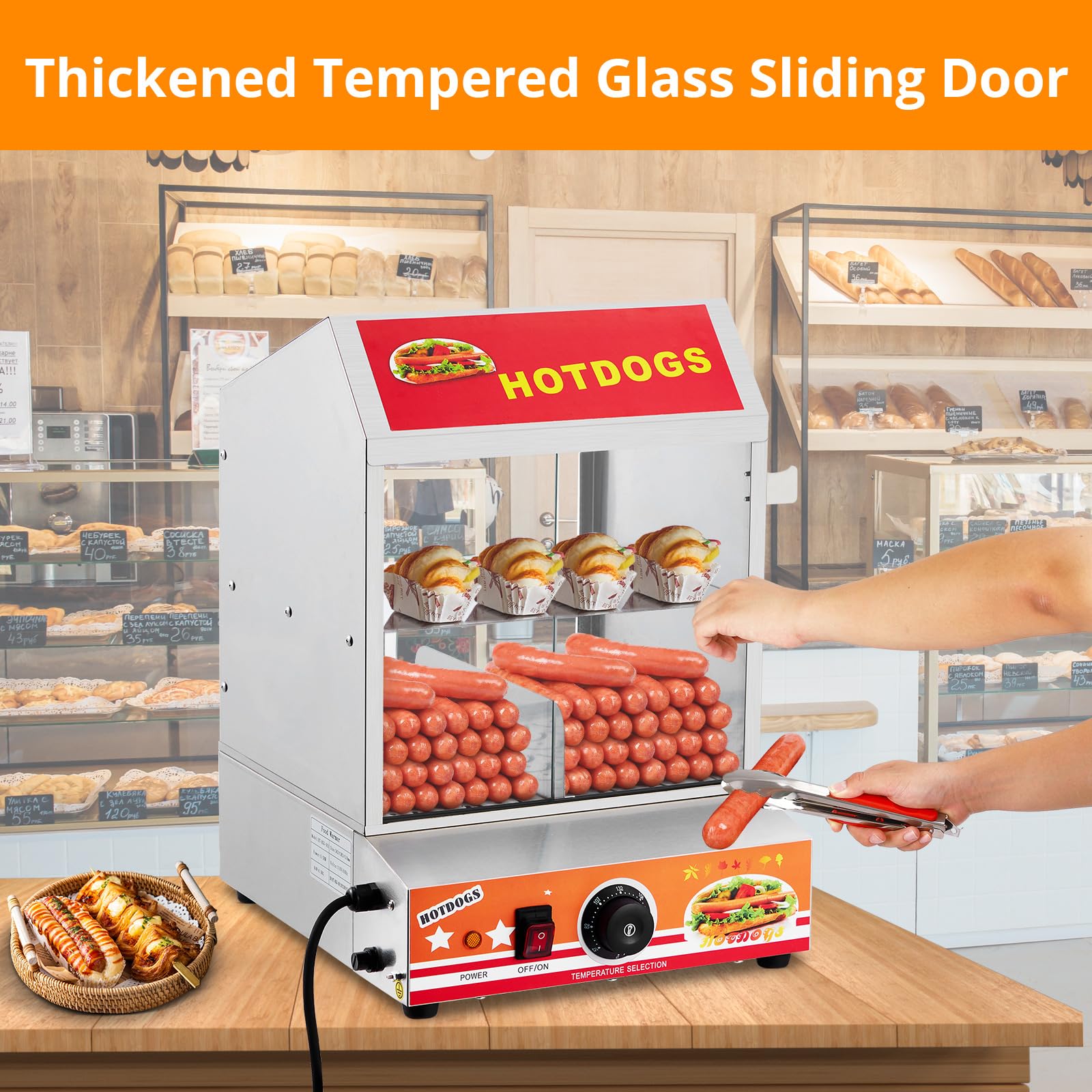 ACONEE Hot Dog Steamer, 2-Tier Hot Dog Steamer with Bun Warmer Adjustable Temperature, 28.5 QT Electric Bun Warmer Cooker Glass Sliding Door Partition, Stainless Steel, Steaming 175 Hot Dogs & 40 Buns