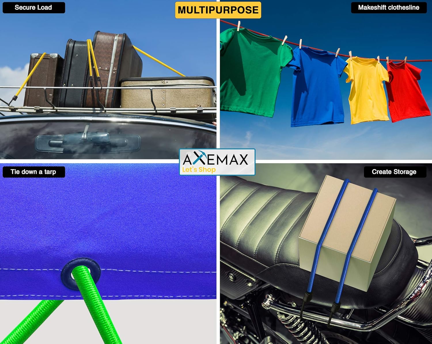 AXEMAX Bungee Cords 32 Pieces Assortment of Tarp Clips, Canopy Ties, Bungie Straps and Cargo Net with Heavy Duty Plastic Coated Metal Hooks -10, 18, 24, 32, 40 inches - - 