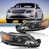 SAFAUTOPARTS Headlights Assembly Pair with Bulbs for 2010 2011 2012 Ford Taurus Halogen Headlamps Head Lights Replacement Driver and Passenger Side,Black Housing Amber Reflector
