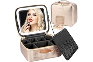 Seoneiro Makeup Travel Bag with LED Lighted Mirror Adjustable Brightness Portable Waterproof Makeup Case with Adjustable Dividers, Make up Train Case Organizer Makeup Brush Accessories and Tool Case