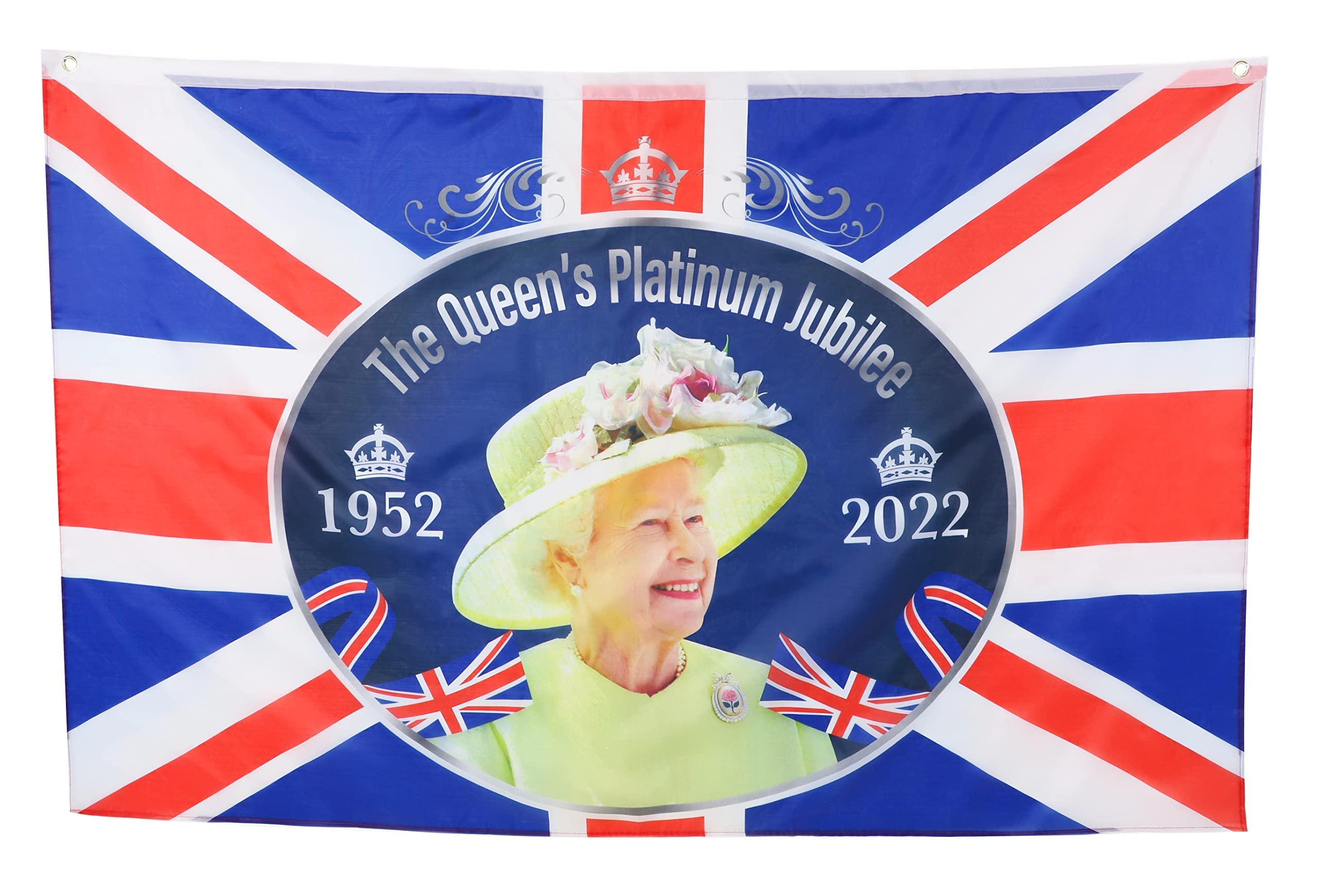 Toyland 5ft X 3ft (150cm X 91cm) Queens Platinum Jubilee Union Jack Flag Featuring Her Majesty The Queen - British Decorations - Top Eyelets (BANNER)