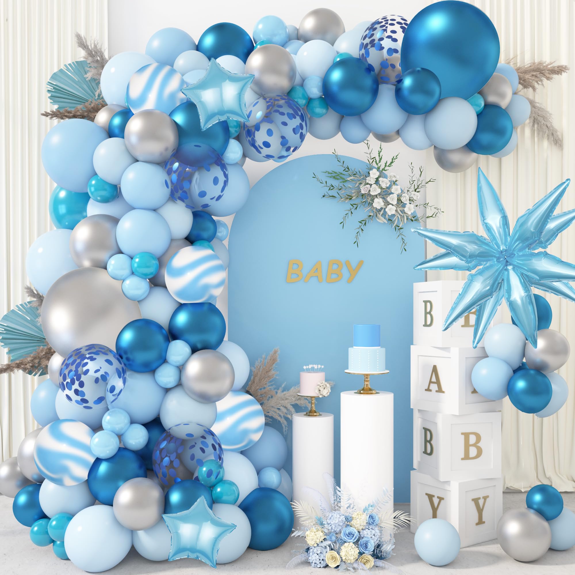 Photo 1 of 150Pcs Blue Balloon Arch Garland Kit, Boy Baby Shower Decorations Light Pastel Baby Blue Balloons Star Confetti Balloon for Bridal Shower Gender Reveal Elephant Birthday Graduation Party Supplies