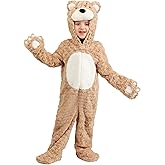 Teddy Bear Costume for Toddlers, Plush Hooded Tan Bear Jumpsuit with Ears and Mitts Halloween Outfit 2T