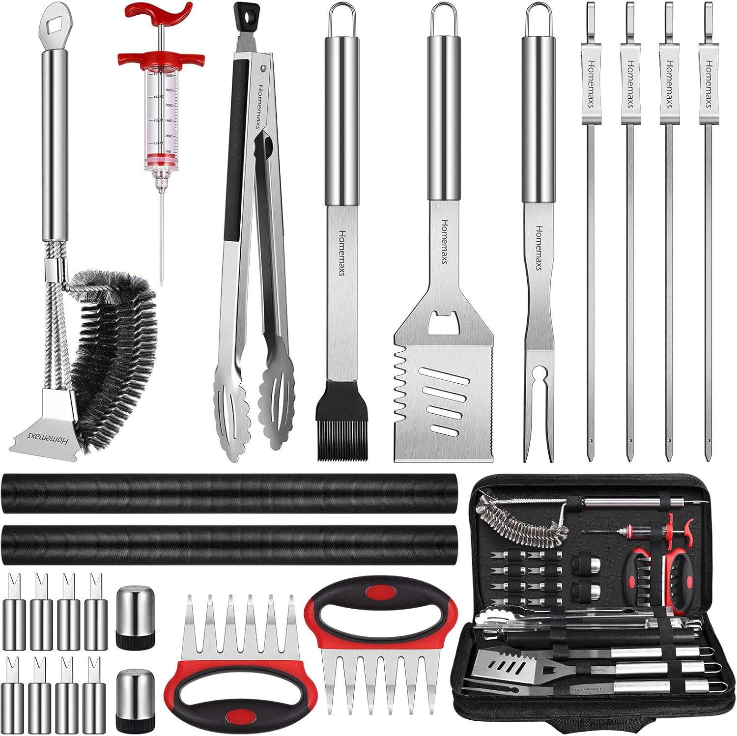 Homemaxs 25PCS Grilling Accessories, BBQ Grill Tools Set with Case, Barbecue Tools for Men, Extra Thick & Long Stainless Steel, Cleaning Brush, Meat Claw, Kabob, Meat Injector for Camping/Backyard BBQ : Garden & Outdoor